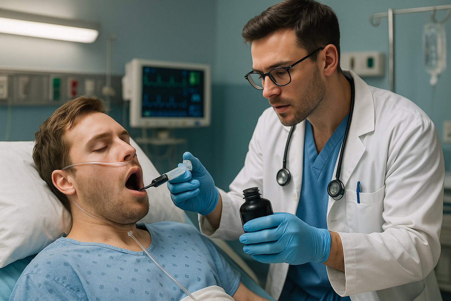 Doctor treating drug overdose with activated charcoal in emergency room